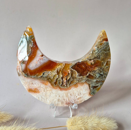 Red Druzy Moss Agate Moon (10-12 cm) on stand – #3