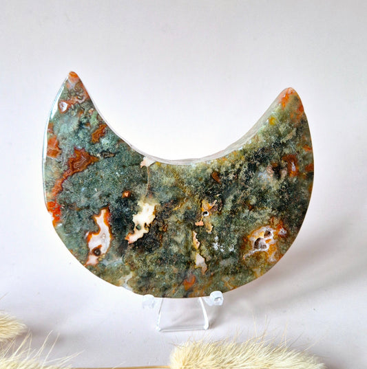 Red Druzy Moss Agate Moon (10-12 cm) on stand – #3