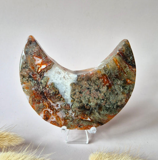 Red Druzy Moss Agate Moon (10-12 cm) on stand – #3