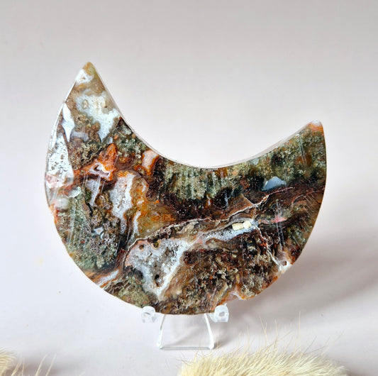 Rode Druzy Mosagaat Maan (8-10 cm) op standaard – #57