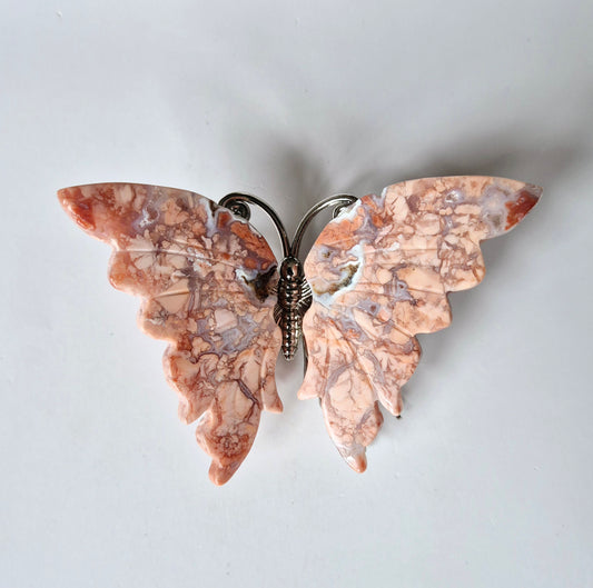 Petal Agate Agate Butterfly Crystal Carving Edelsteen vlinder met metalen lijfje 10cm