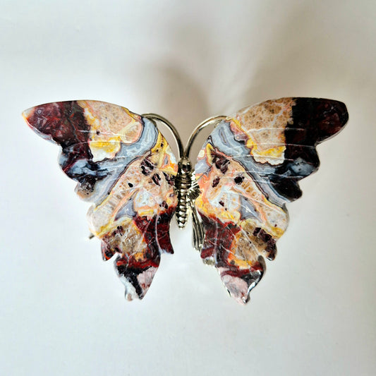 Mexican Agate Butterfly Crystal Carving Edelsteen vlinder met metalen lijfje 10cm