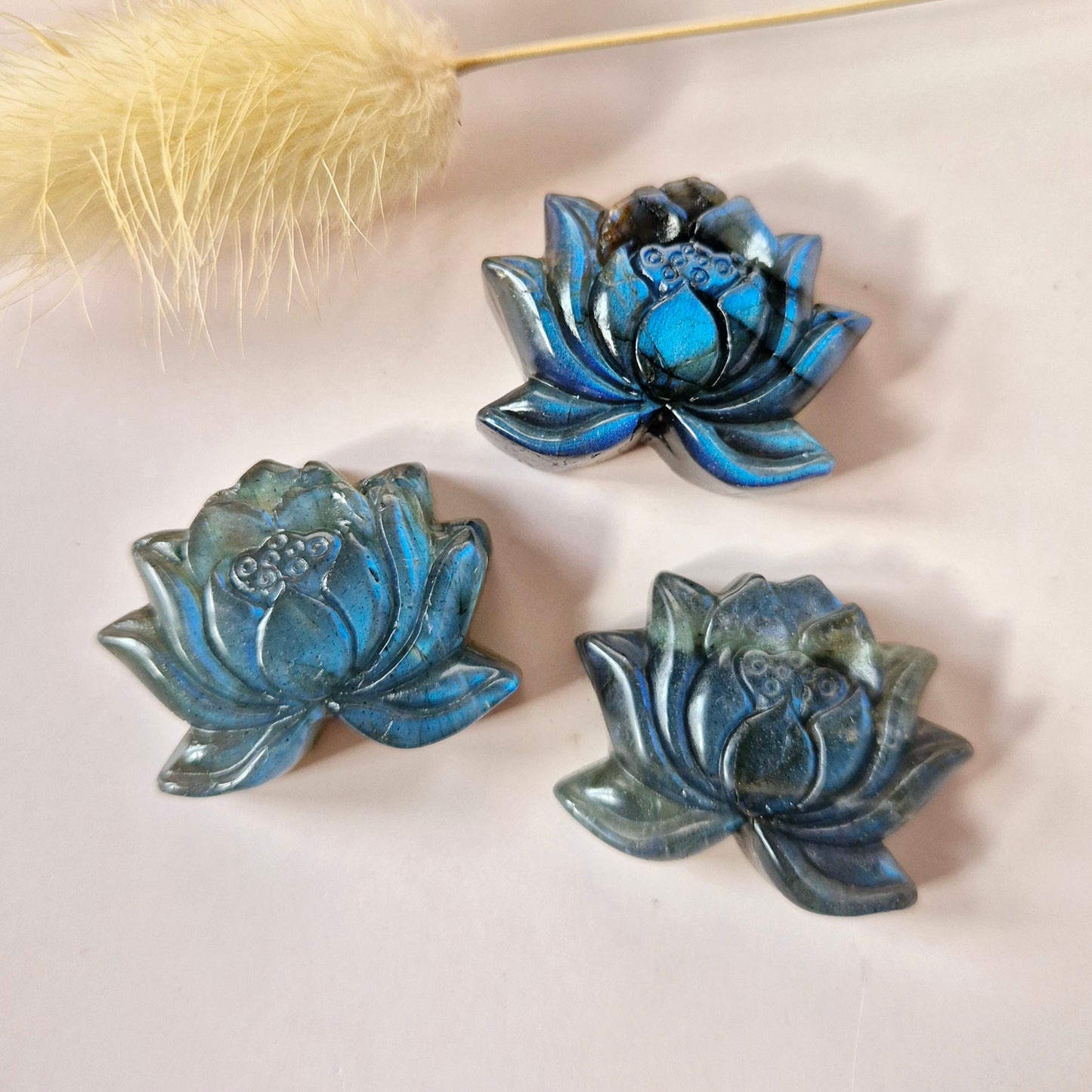 Labradoriet Lotus – Edelsteen Carving met Flash (3 cm)