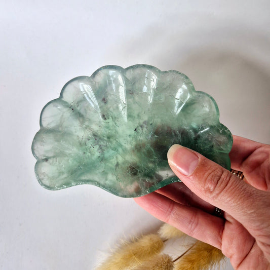 Edelsteen Carving Schaal Schelpvorm Groene Fluoriet #9 - Uniek Cadeau