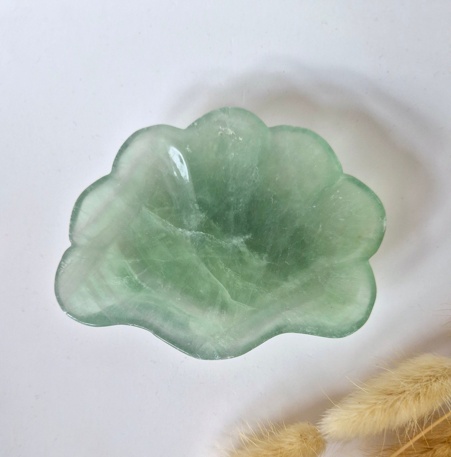 Edelsteen Carving Schaal Schelpvorm Groene Fluoriet #23 - Uniek Cadeau