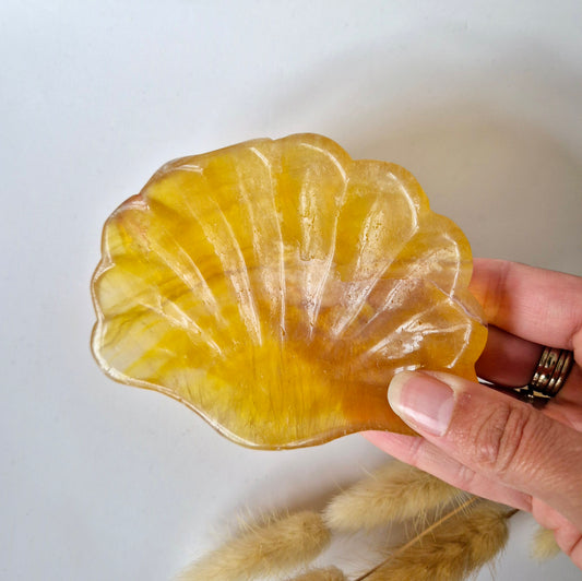 Edelsteen Carving Schaal Schelpvorm Gele Fluoriet #25 - Uniek Cadeau