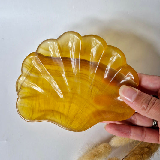 Edelsteen Carving Schaal Schelpvorm Gele Fluoriet #35 - Uniek Cadeau