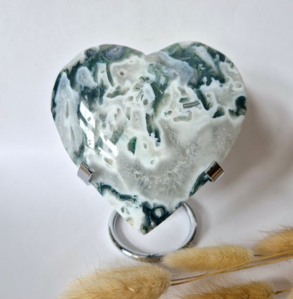 Edelstein Druzy Moosachat Herz auf Metallständer – Nr. 93 230 Gramm