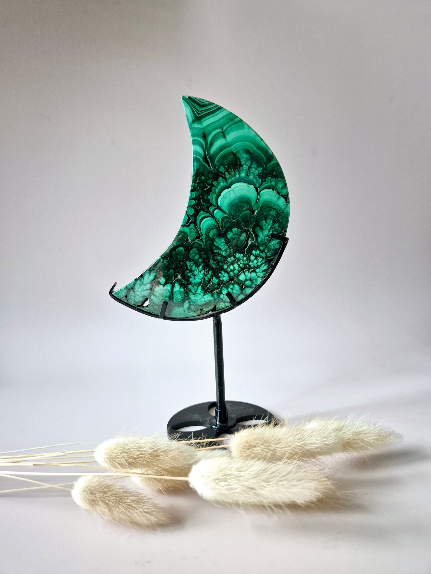 AA+ High‑quality Malachiet Maan op Standaard – 280g | Transformatie & Bescherming