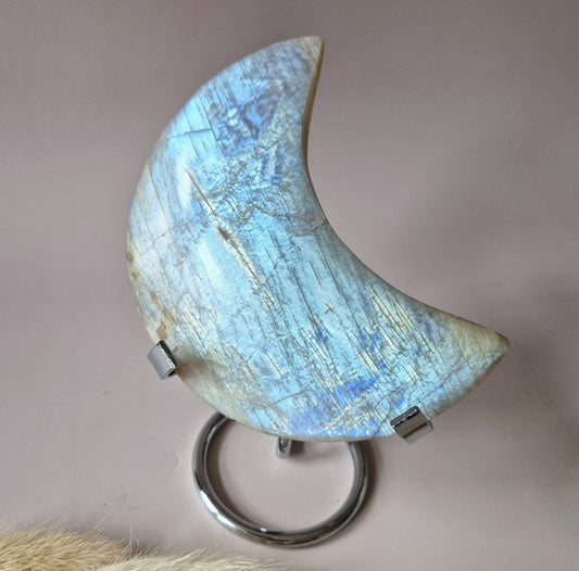 Gemstone Blue Moonstone Moon on Stand 6-8cm With Beautiful Flash