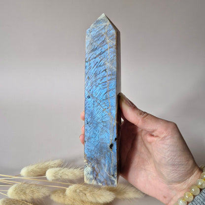 Moonstone–Sunstone Toren – 300 g – Maansteen Edelsteen Toren met gouden flash