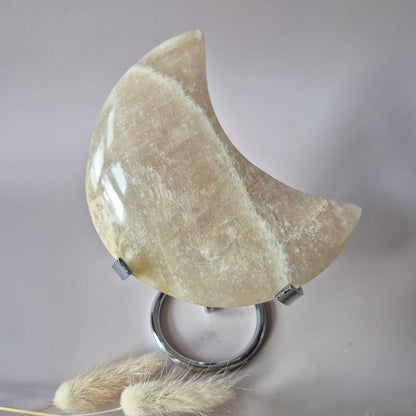 XL Blauwe maansteen maan op metalen standaard – 300g | Steen van vrouwelijke energie & intuïtie