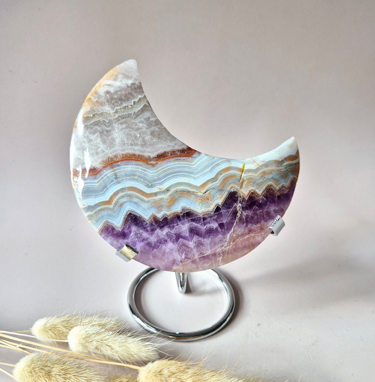 XL Amethist Agaat Edelsteen Maan (444 g) – Inclusief Standaard