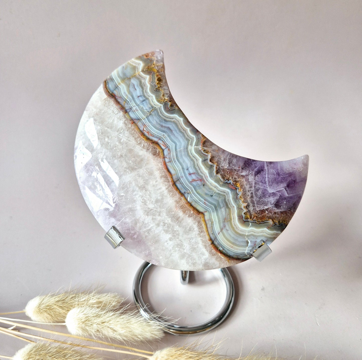 XL Amethist Agaat Edelsteen Maan (327g) – Inclusief Standaard