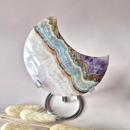 XL Amethist Agaat Edelsteen Maan (327g) – Inclusief Standaard