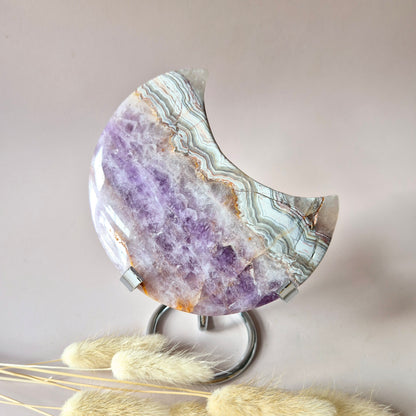 XL Amethist Agaat Edelsteen Maan (334g) – Inclusief Standaard