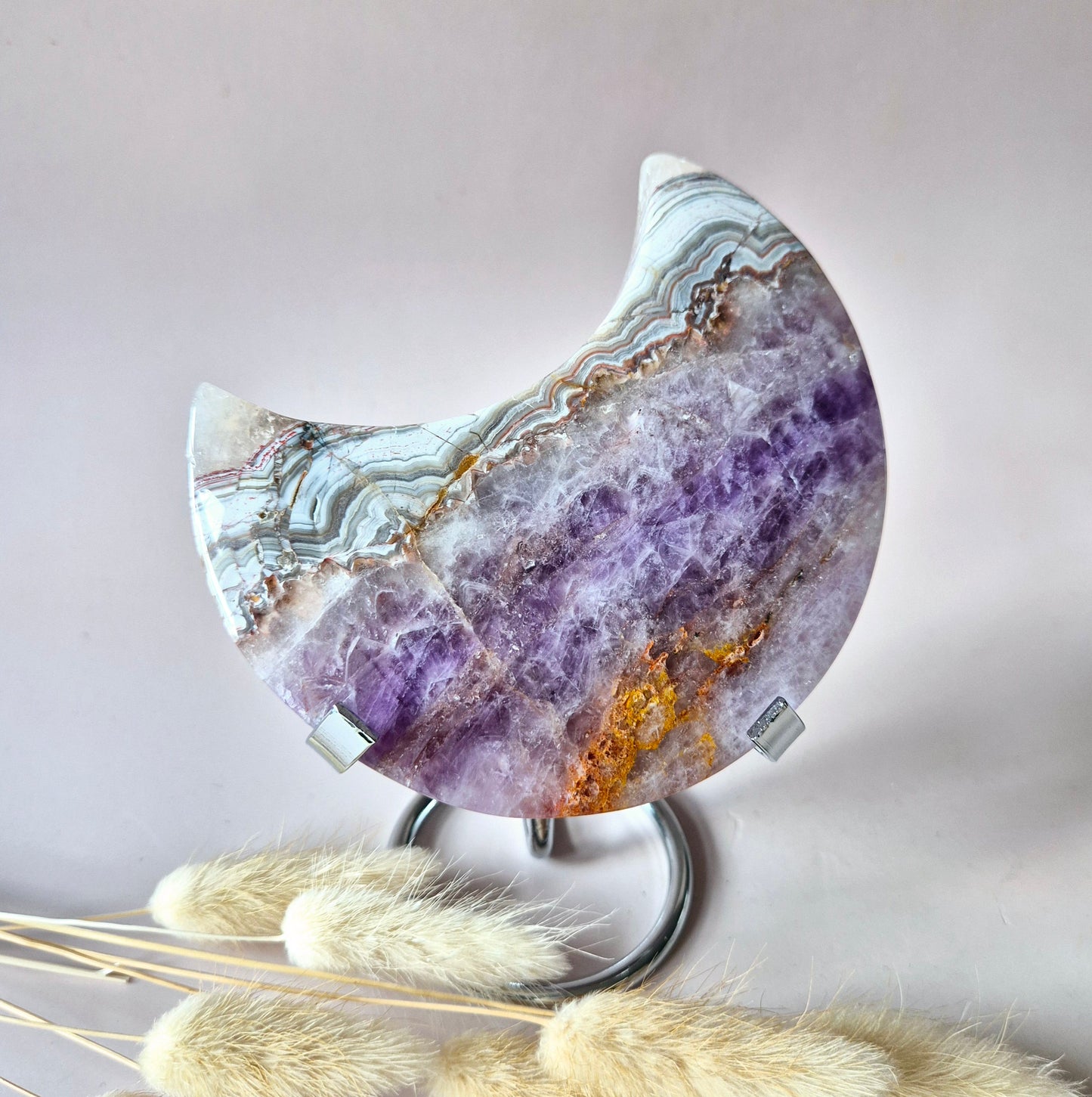 XL Amethist Agaat Edelsteen Maan (334g) – Inclusief Standaard