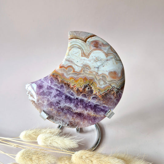 XL Amethist Agaat Edelsteen Maan (340g) – Inclusief Standaard