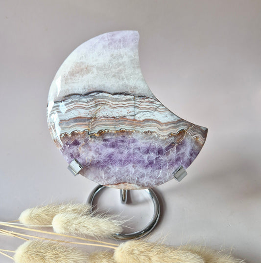 XL Amethist Agaat Edelsteen Maan (364g) – Inclusief Standaard