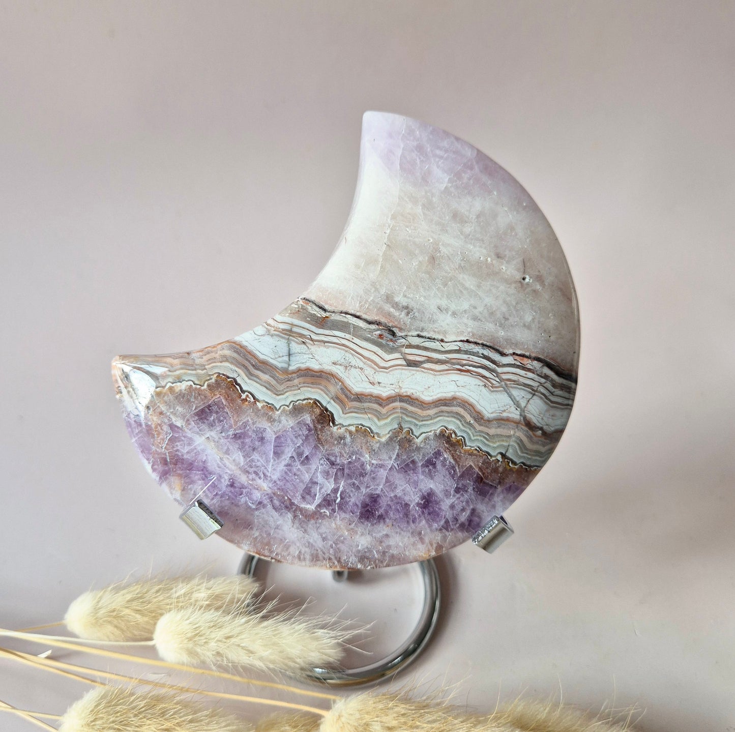 XL Amethist Agaat Edelsteen Maan (364g) – Inclusief Standaard