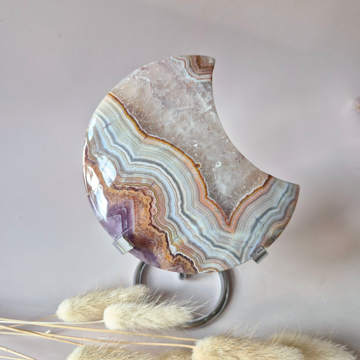 XL Amethist Agaat Edelsteen Maan (381g) – Inclusief Standaard