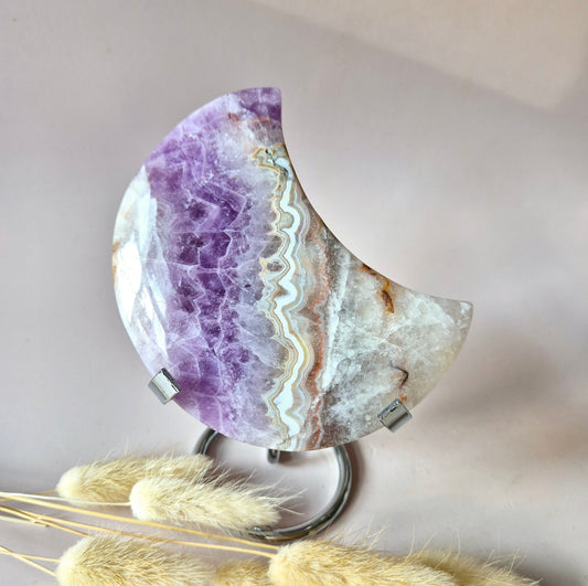 XL Amethist Agaat Edelsteen Maan (325g) – Inclusief Standaard