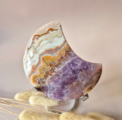 XL Amethist Agaat Edelsteen Maan (300g 11cm) – Inclusief Standaard