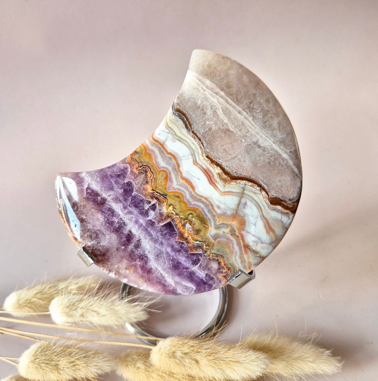 XL Amethist Agaat Edelsteen Maan (300g 11cm) – Inclusief Standaard