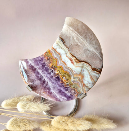 XL Amethist Agaat Edelsteen Maan (300g 11cm) – Inclusief Standaard