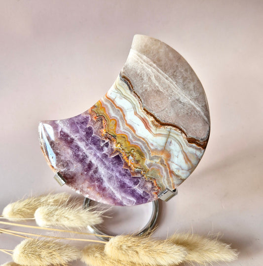 XL Amethist Agaat Edelsteen Maan (300g 11cm) – Inclusief Standaard
