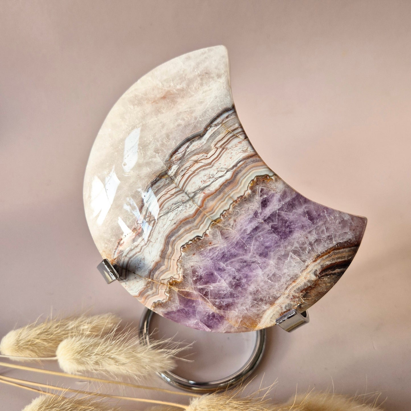 XL Amethist Agaat Edelsteen Maan (290g) – Inclusief Standaard