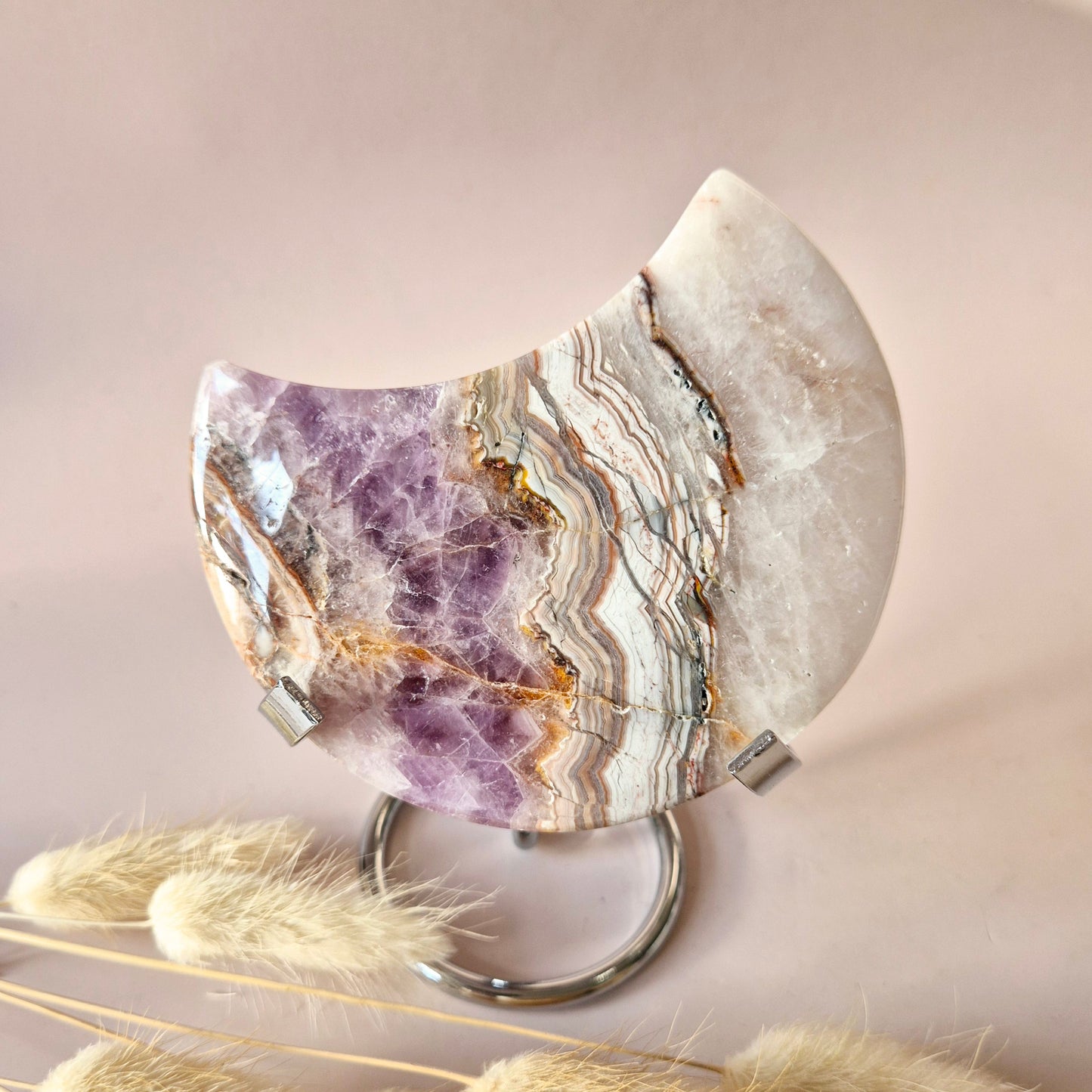 XL Amethist Agaat Edelsteen Maan (290g) – Inclusief Standaard