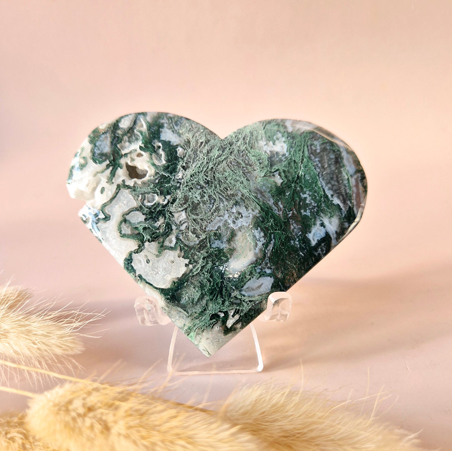 Edelstein Druzy Moosachat Herz auf Metallständer – Nr. 93 230 Gramm