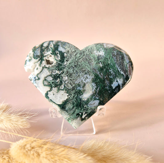 Edelstein Druzy Moosachat Herz auf Metallständer – Nr. 93 230 Gramm