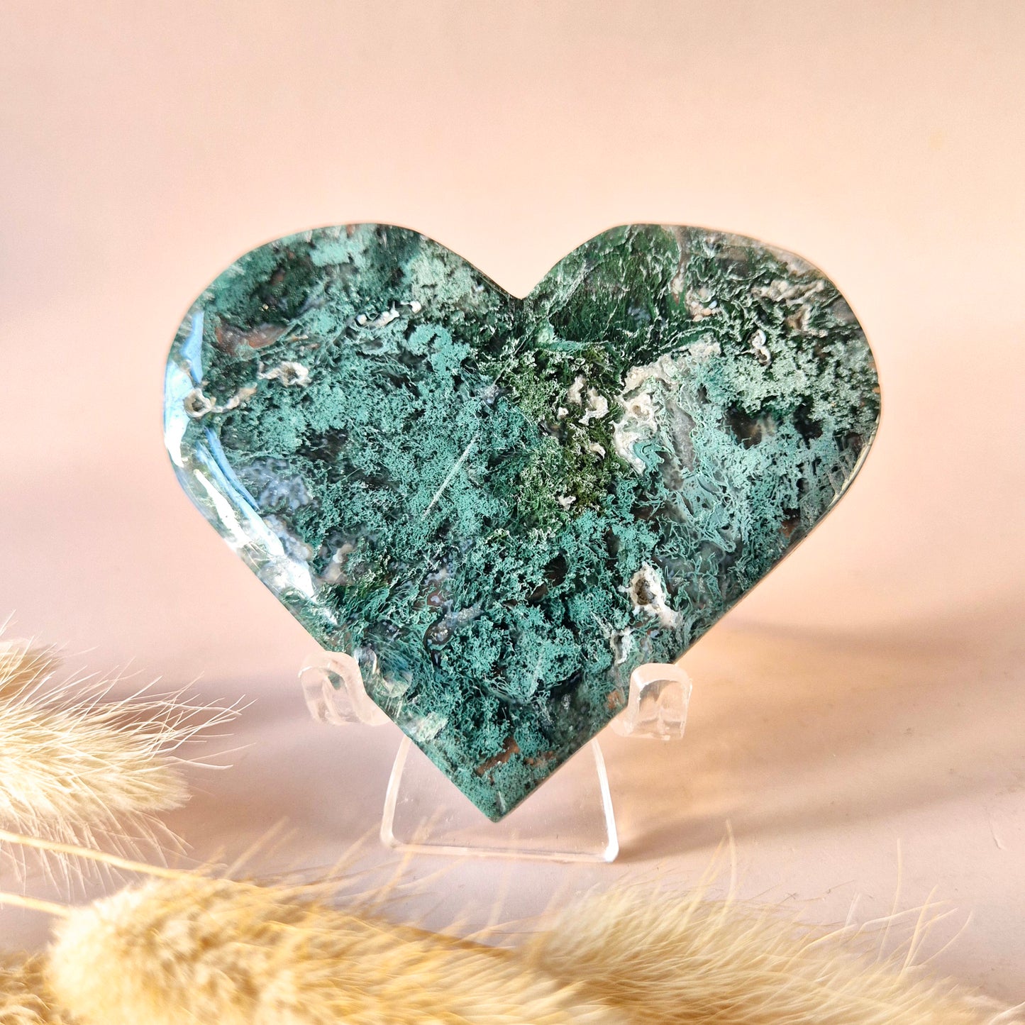 Edelstein Druzy Moosachat Herz auf Metallständer – Nr. 93 230 Gramm