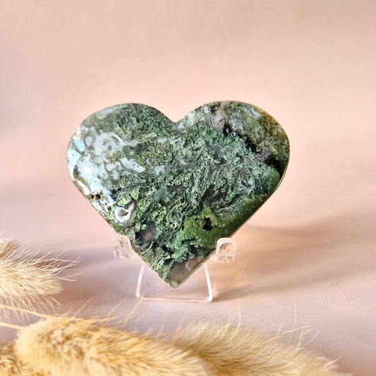 Edelstein Druzy Moosachat Herz auf Metallständer – Nr. 93 230 Gramm