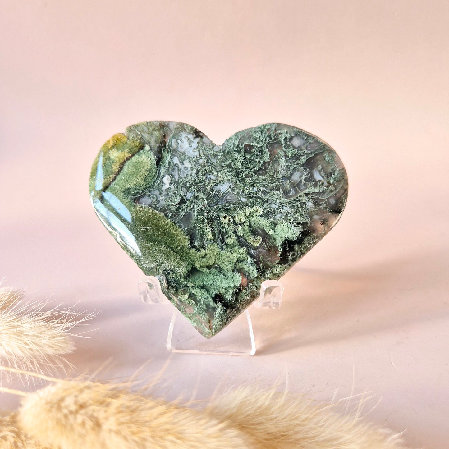 Edelstein Druzy Moosachat Herz auf Metallständer – Nr. 93 230 Gramm