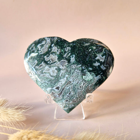 Edelstein Druzy Moosachat Herz auf Metallständer – Nr. 93 230 Gramm