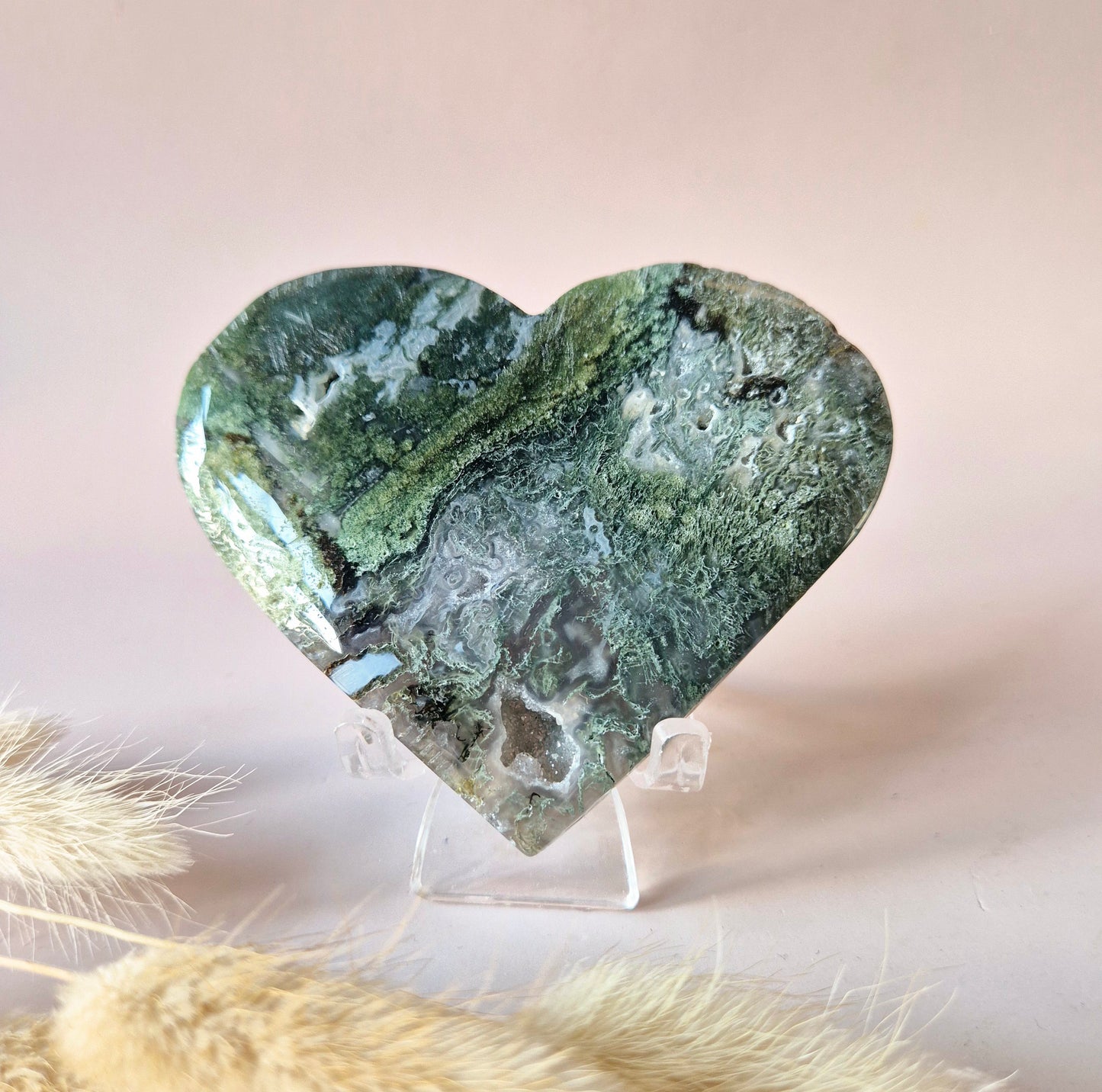 Edelstein Druzy Moosachat Herz auf Metallständer – Nr. 93 230 Gramm