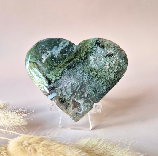 Edelstein Druzy Moosachat Herz auf Metallständer – Nr. 93 230 Gramm