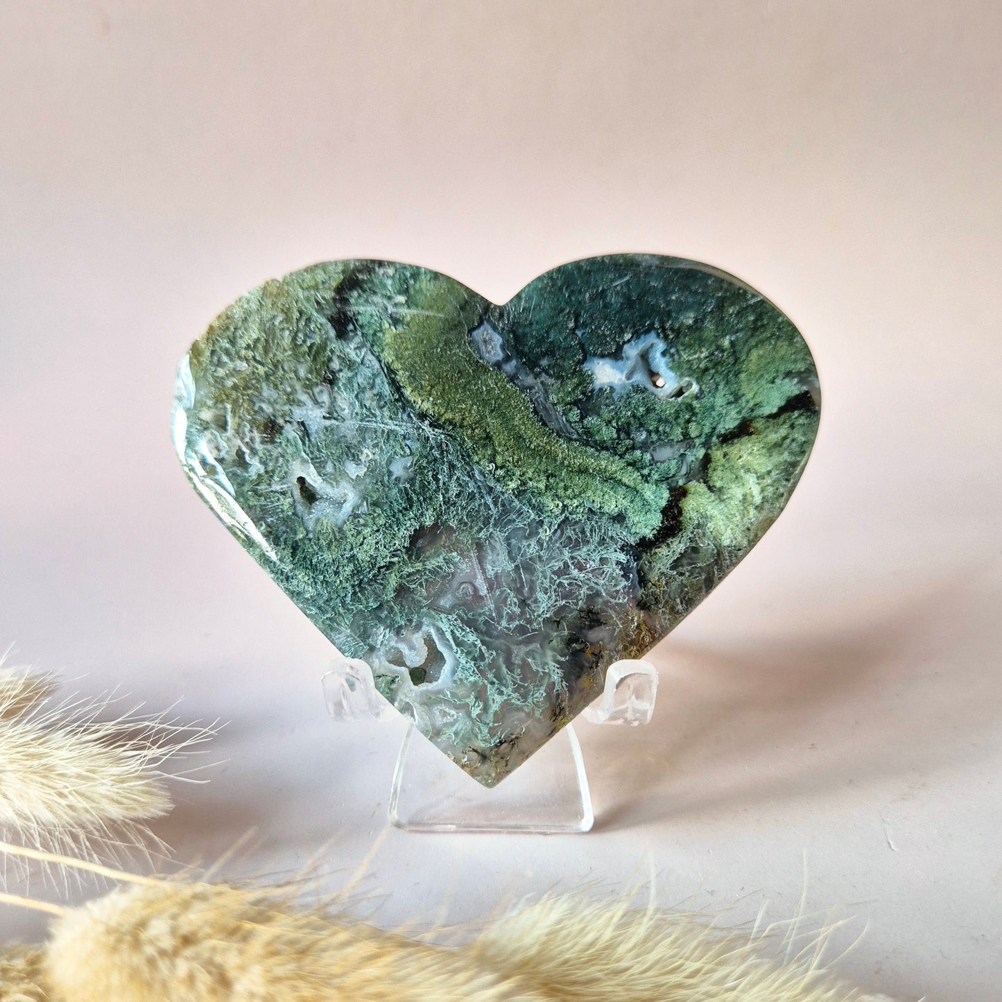 Edelstein Druzy Moosachat Herz auf Metallständer – Nr. 93 230 Gramm