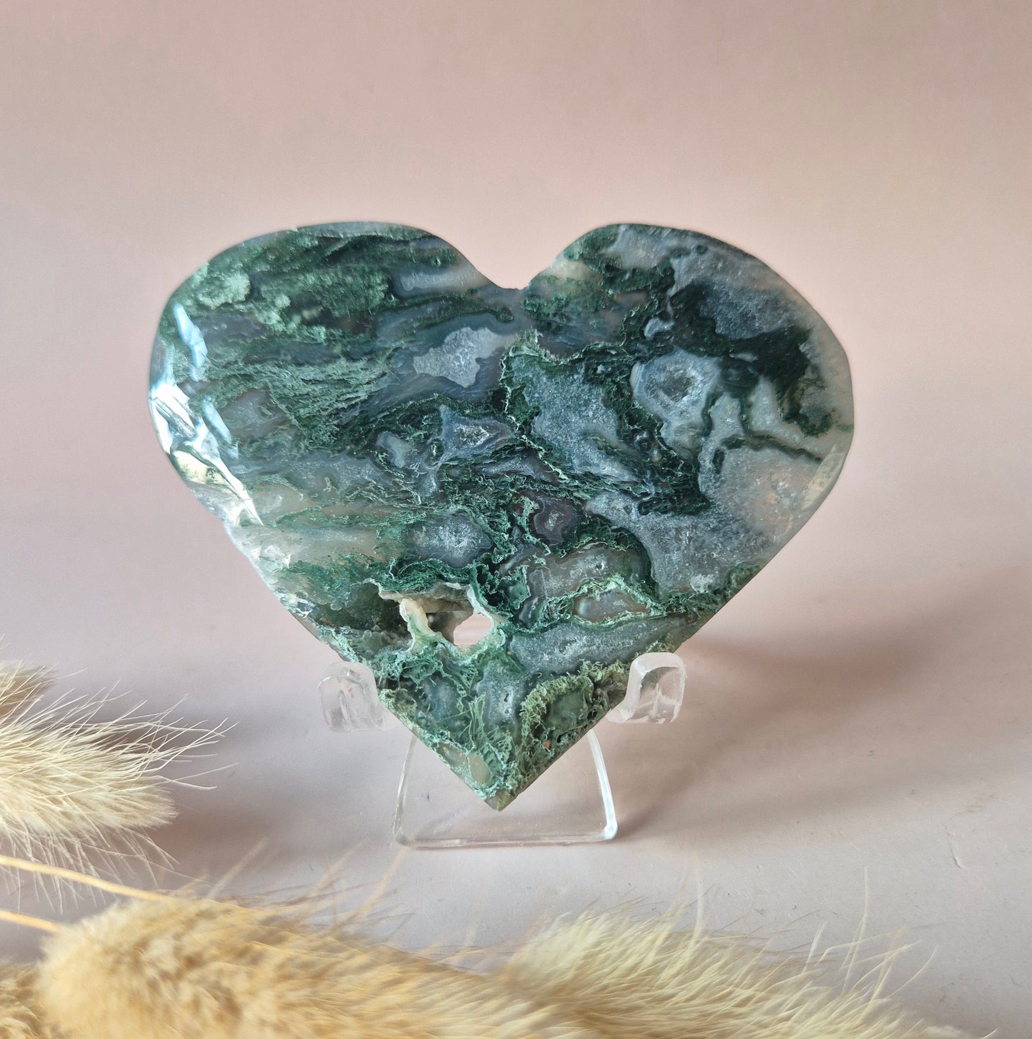 Edelstein Druzy Moosachat Herz auf Metallständer – Nr. 93 230 Gramm