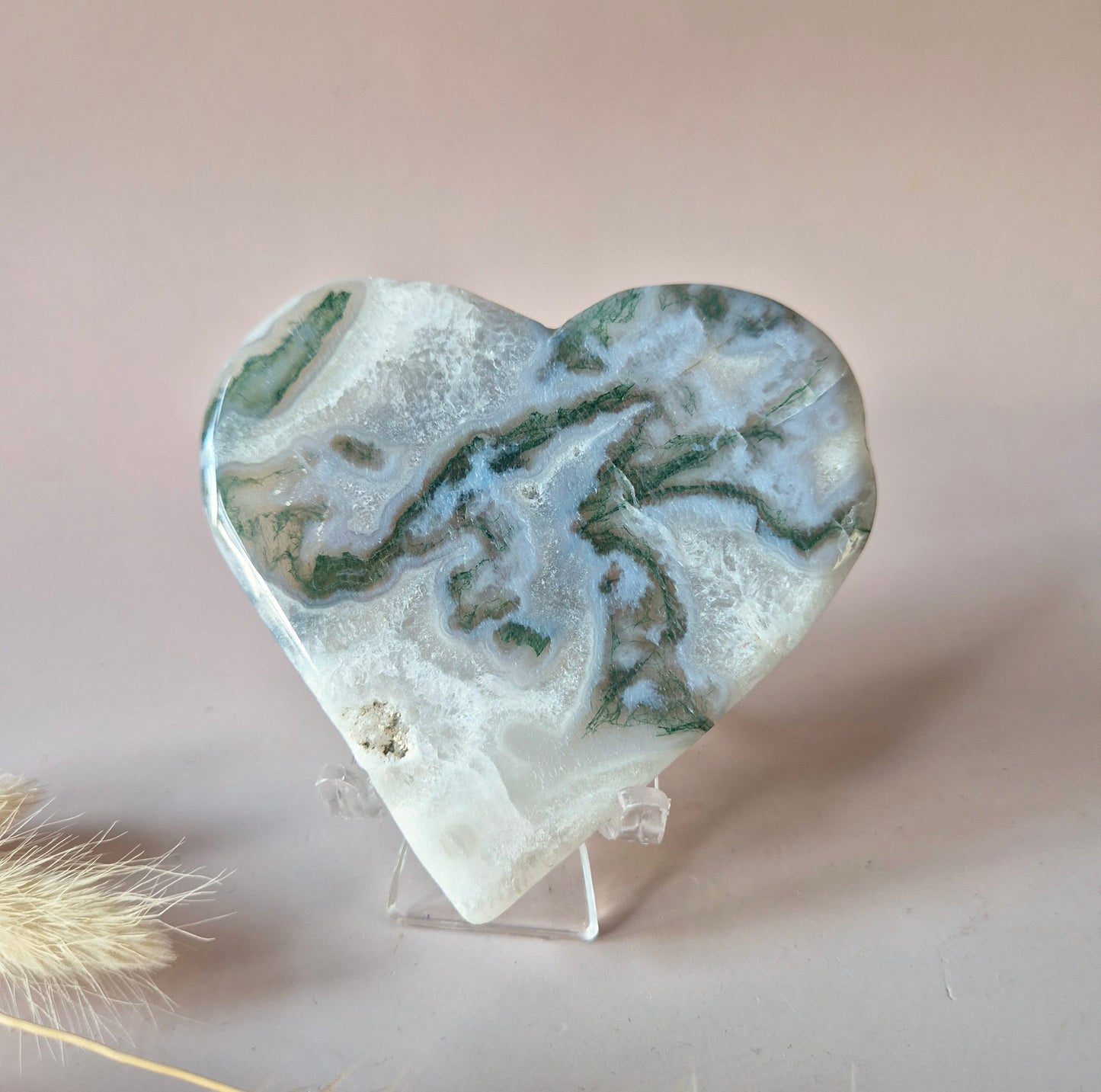 Edelstein Druzy Moosachat Herz auf Metallständer – Nr. 93 230 Gramm