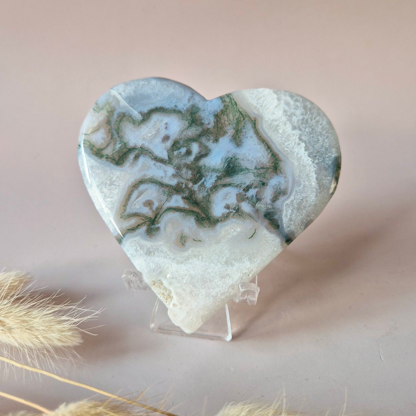 Edelstein Druzy Moosachat Herz auf Metallständer – Nr. 93 230 Gramm