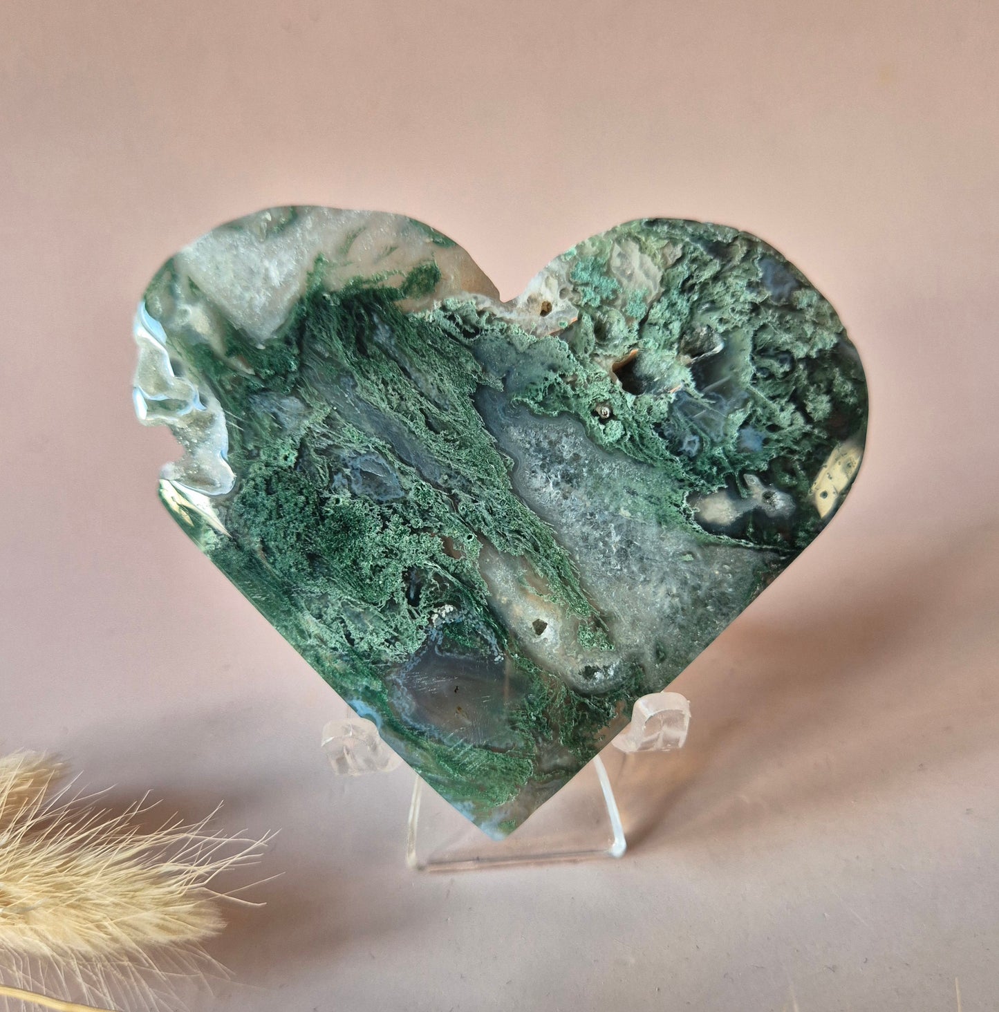 Edelstein Druzy Moosachat Herz auf Metallständer – Nr. 93 230 Gramm