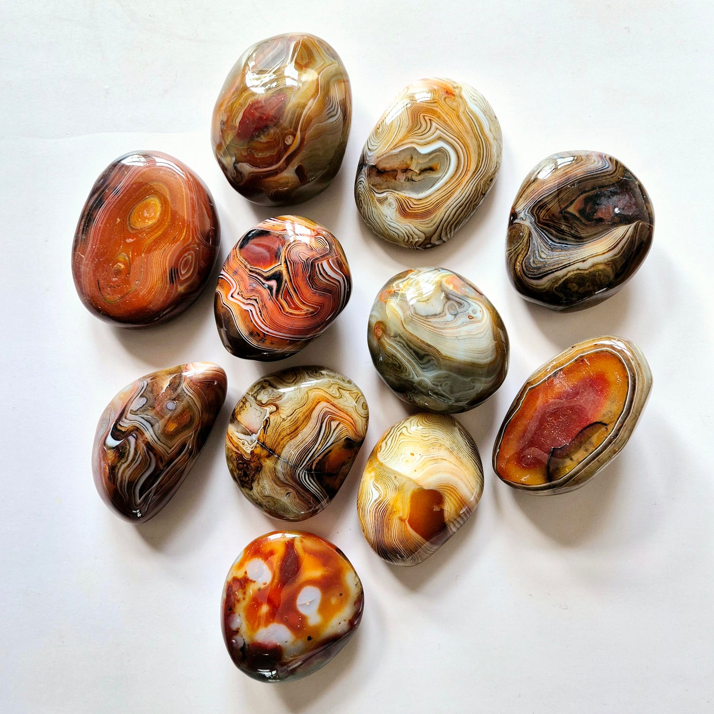 Sardonyx palmsteen – handgepolijste edelsteen met rood-witte banden voor kracht, bescherming en stabiliteit – Moonlight Gemstones