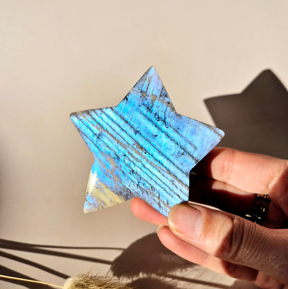 Edelsteen Flashy Blauwe Maansteen Ster – Premium Flash (7–8 cm)