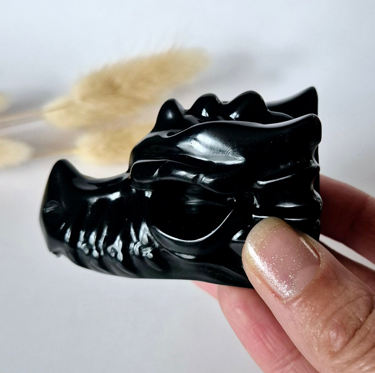 Edelsteen Drakenschedel van Zwarte Obsidiaan – 7cm - Dragon Skull carving