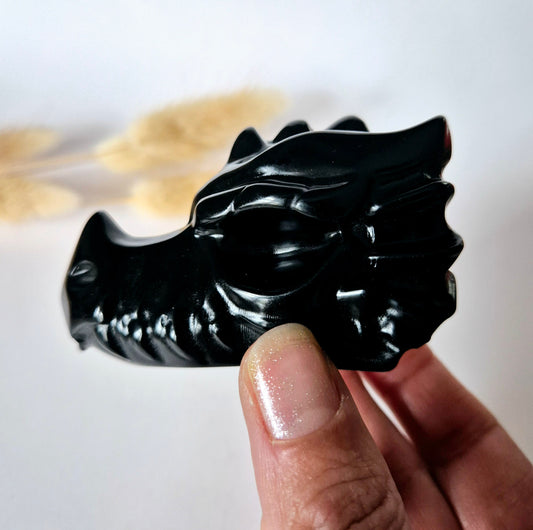 Edelsteen Drakenschedel van Zwarte Obsidiaan – 7cm - Dragon Skull carving