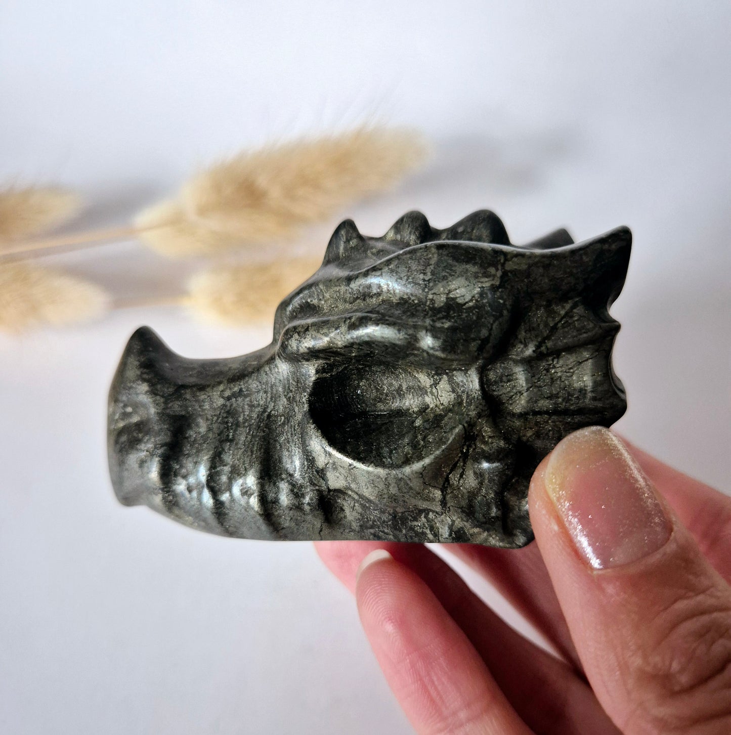 Edelsteen Drakenschedel van Pyriet – 7cm - Dragon Skull carving